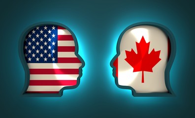 Image relative to politic and economic relationship between USA and Canada. National flags inside the heads of the businessmen. Teamwork concept. 3D rendering. Neon light