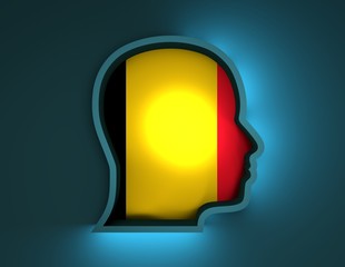 Abstract illustration of head silhouette with Belgium national flag inside. 3D rendering. Neon light