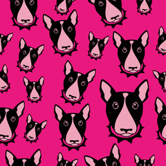 Happy dog bull terrier black and white vector background. Seamless pattern.