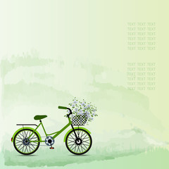 Fototapeta na wymiar green bicycle with flowers in basket on green watercolor background, vector illustration