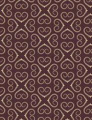 Seamless heart pattern. Vintage texture. Twist ornament of laurel leaves. Brown, yellow, chocolate contrast colored background. Love, birthday, Easter theme. Vector