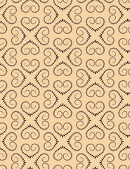 Seamless heart pattern. Vintage texture. Twist ornament of laurel leaves. Yellow, brown light contrast colored background. Love, birthday, Easter theme. Vector
