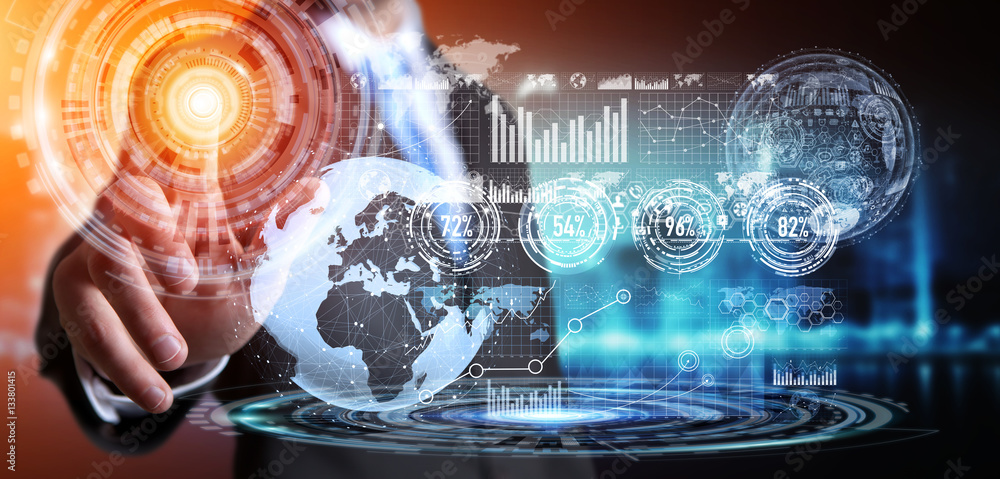 Poster businessman using hologram screen with digital data