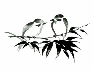 Ink illustration of two little birds sitting on the bamboo branch. Sumi-e, u-sin, guohua painting style. Silhouette made up of black brush strokes isolated on white background.