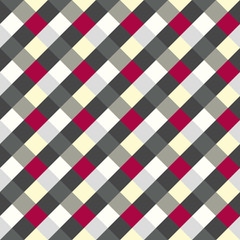 Seamless geometric checked pattern. Diagonal square, woven line background. Rhombus, patchwork texture. Gray, red, white colored. Vector