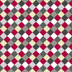 Seamless geometric checked pattern. Diagonal square, woven line background. Rhombus, patchwork texture. Gray, red, white colored. Vector