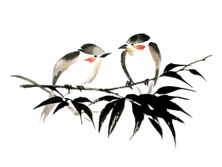 Ink illustration of two little birds with red cheeks sitting on the bamboo branch. Sumi-e, u-sin, guohua painting style. Silhouette made up of black brush strokes isolated on white background.