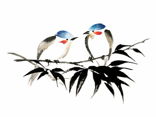 Ink illustration of two little birds with red cheeks and blue heads sitting on bamboo branch. Sumi-e, u-sin, guohua painting style. Silhouette made up of brush strokes isolated on white background.