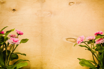 artificial pink daisies on old wooden background