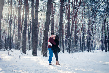 Loving couple walking in winter forest