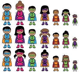 Cute Collection of African American or Hispanic Stick Figure Superheroes or Superhero Families - Vector Format