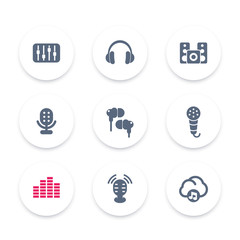 audio icons, equalizer, sound mixing console, earbuds, headphones, music in cloud, microphones
