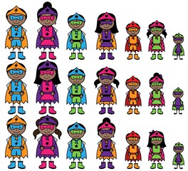 Cute Collection of African American or Hispanic Stick Figure Superheroes or Superhero Families - Vector Format