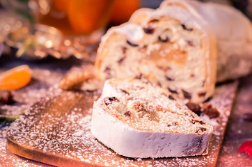 Christmas Cake, Slices of Stollen with Raisins 