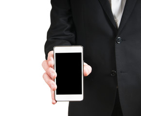 Human hand holding blank mobile smart phone isolated on white ba