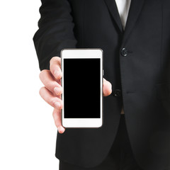 Human hand holding blank mobile smart phone isolated on white ba