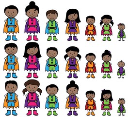 Cute Collection of African American or Hispanic Stick Figure Superheroes or Superhero Families - Vector Format