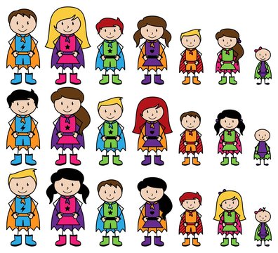 Cute Collection of Diverse Stick Figure Superheroes or Superhero Families - Vector Format