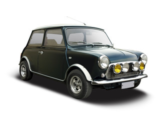 Classic mini car isolated on white - obrazy, fototapety, plakaty