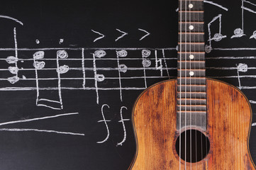 Obraz na płótnie Canvas Vintage Guitars on chalkboard with music notes