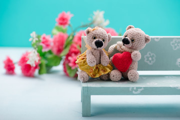 Valentines Day. Love heart. Couple Teddy Bears. Handmade toys. An offer of marriage. Vintage retro romantic style. Family, wedding and friendship