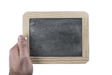 hand holding blackboard chalkboard on white background isolated