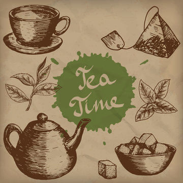 Vector collection of hand drawn tea illustration. Decorative inking vintage tea sketch.