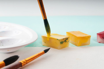 A man takes a brush watercolor paint before painting