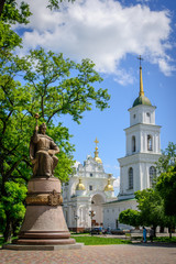 Fototapeta premium At Cathedral Square in Poltava is a monument to Hetman Ivan Mazepa, Assumption Cathedral and bell tower. Ivan Mazepa was the Cossack Hetman of the Hetmanate in Ukraine 1687-1708.