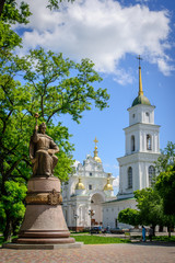 At Cathedral Square in Poltava is a monument to Hetman Ivan Mazepa, Assumption Cathedral and bell tower. Ivan Mazepa was the Cossack Hetman of the Hetmanate in Ukraine 1687-1708.