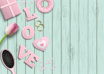 Pink letters LOVE, romantic motive, inspired by flat lay style, illustration