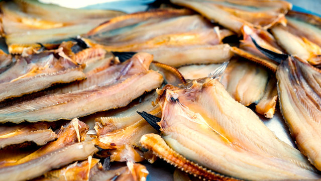Many dried fishes in the market