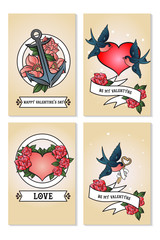 Cards set for st. Valentine day. Red and white hearts, swallows, anchors, declaration of love.