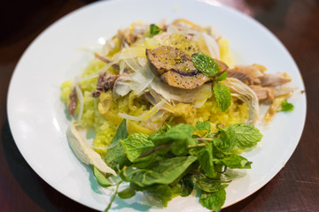 Asian fried rice with shredded chicken