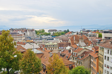 Fototapeta na wymiar Skyline of Lausanne, Switzerland as seen from the Cathedral hill