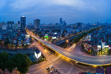 Fototapeta na wymiar Aerial view of Hanoi skyline cityscape at sunset time at intersection Nguyen Chi Thanh - Lang - Tran Duy Hung street