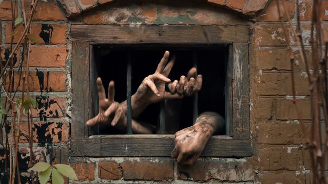 Two pairs of hands clawing the air from dark barred window