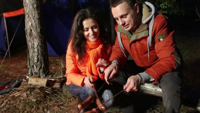 Barbecue in the pine forest in autumn.