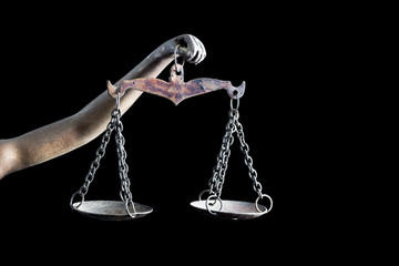 Lady Justice's and holding Scale of Justice isolated on black background and space for text