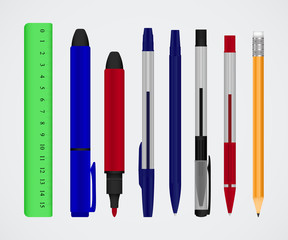 Large collection of colored pens and pencils. Color stationery set. Vector illustration