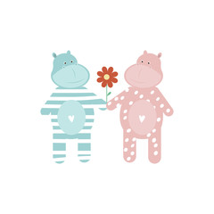 Valentines day banner with Hippo lovers couple holding hands with flower. Vector illustration eps 10.