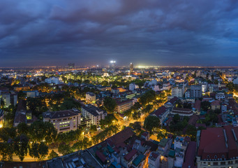 Aerial view of Hanoi cityscape at twilight. Viewing from Ly Thuong Kiet street, south of Hoan Kiem lake