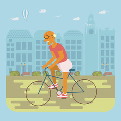 Happy people concept. Senior man cycling by the street. Flat style cartoon vector illustration with isolated characters on city background.