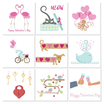 Set of Valentines day banners with cute animals, love and heart. Vector illustration eps 10.