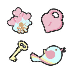 Fashion patch badges with love elements for Valentines day. Vector illustration isolated on white background. Set of stickers, pins, patches in cartoon 80s-90s pop-art style.