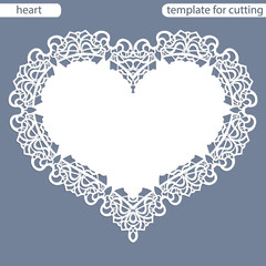 Greeting card with openwork border, paper doily under the cake, template for cutting in the form of heart, valentine card,  wedding invitation, decorative plate is laser cut,  vector illustrations.