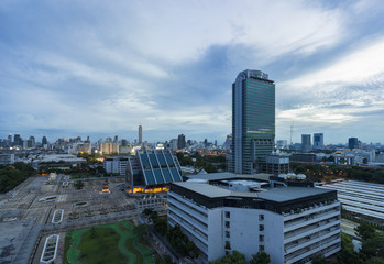 Aerial view of Bangkok skyline cityscape at twilight