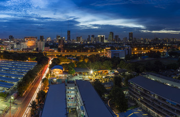 Aerial view of Bangkok skyline cityscape at twilight