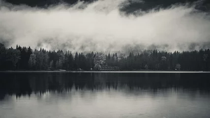 Papier Peint photo Gris 2 Nuages et forêt reflétés dans un lac.