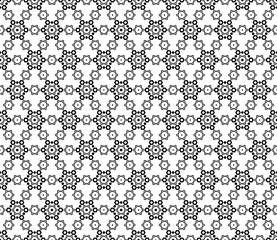 Monochrome seamless pattern. Black & white vector abstract ornamental texture. Ornate background with simple geometric figures. Illustration of lace, delicate hexagonal grid. Design for prints, decor